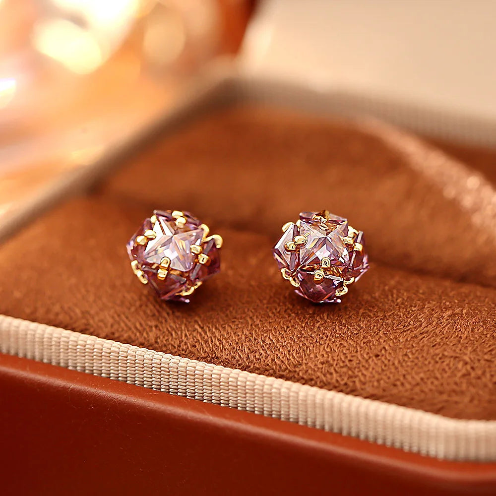 Sparkling Purple Zircon Hydrangea Stud Earrings Exquisite Dainty High-end Stylish Elegant Ear Jewelry for Women's Perfect Gift
