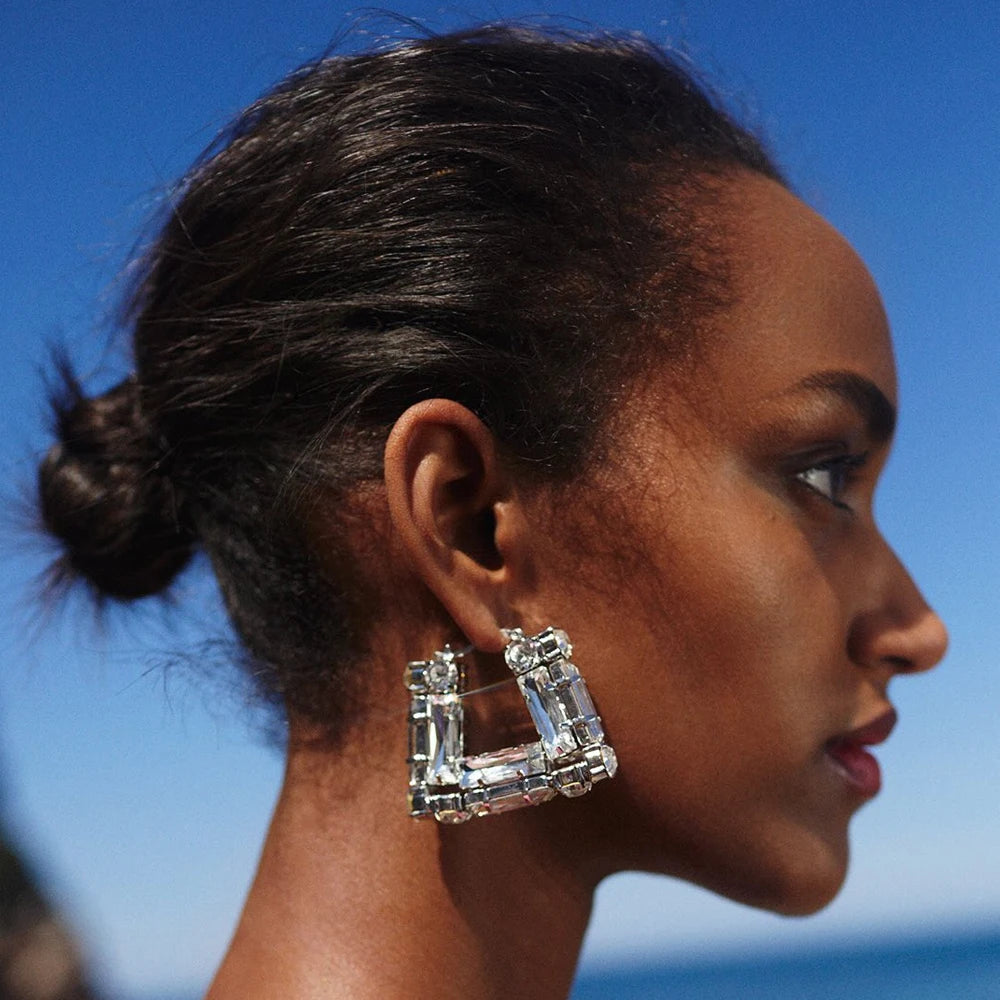 XSBODY Exquisite Bridesmaid Geometric Hoop Earrings Piercing Jewelry 2024 Trendy Bag Shape Rhinestone Large Earrings Prom Gift