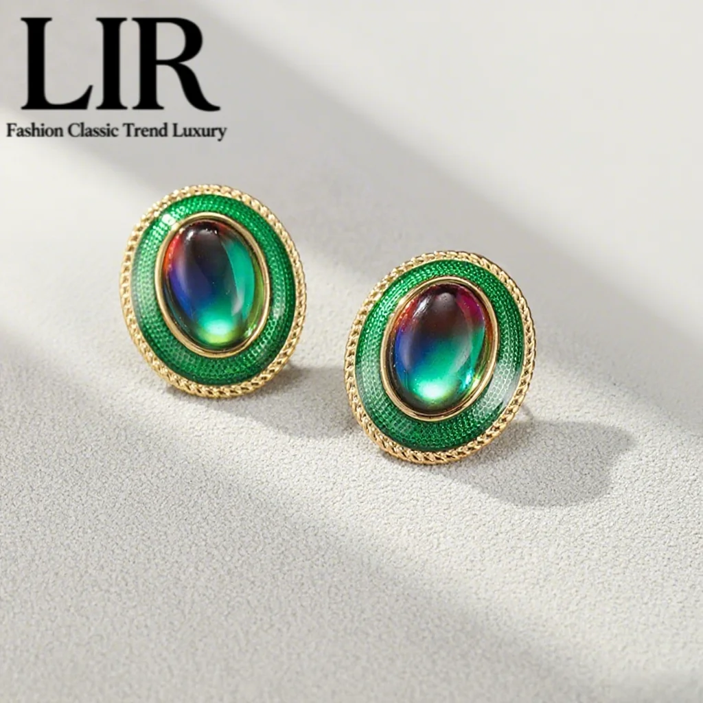LIR Retro Geometric Oval Earrings: Dripping Oil Colorful Crystal Inlay, Eye - Catching Charm, Trendy Women's Jewelry
