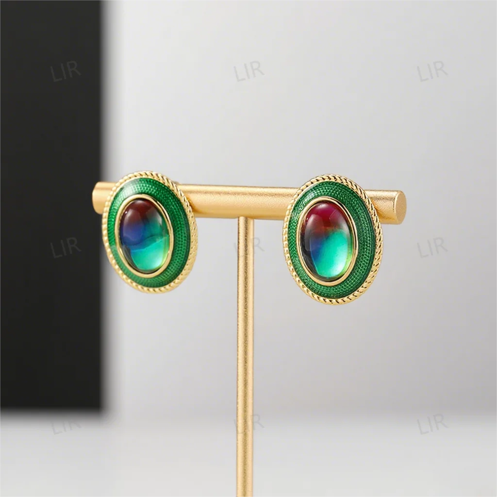 LIR Retro Geometric Oval Earrings: Dripping Oil Colorful Crystal Inlay, Eye - Catching Charm, Trendy Women's Jewelry