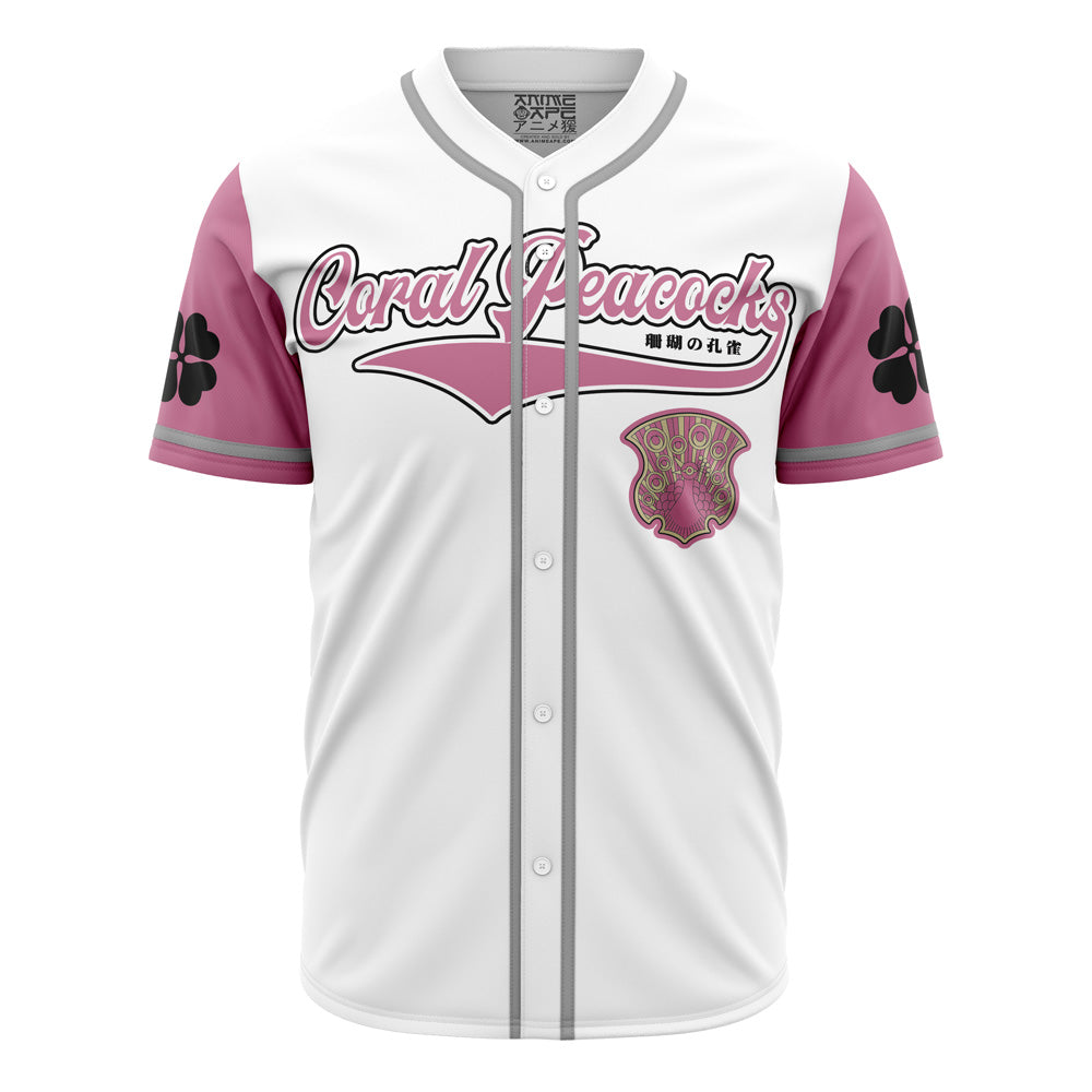 Coral Peacocks Anime-Inspired Baseball Jersey - Stylish White &amp; Pink Design, Perfect For Fans!